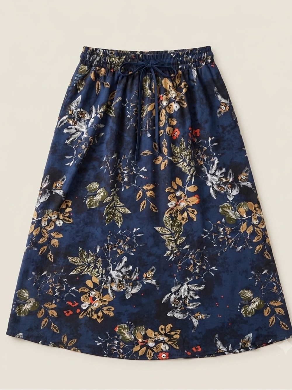 Drawstring Waist Navy Floral Midi Skirt